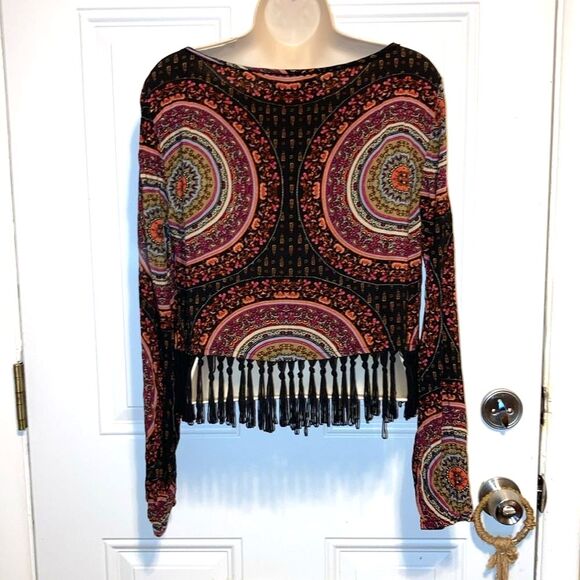GYPSY WARRIOR Fringe Boho Mandala Black Burgundy Crop Top Blouse Large - Picture 8 of 10